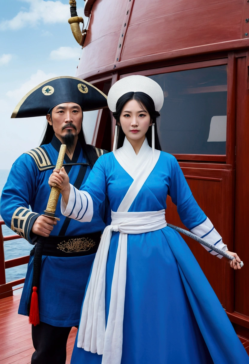 from the front of a chine man with a rice hat, half of his face was covered, she was wearing a blue wuxia dress. with two swords stored on his back, along with a woman with long black hair wearing blue Chinese clothes with a white stripe on the side, on a large ship and a ship captain and navigator beside him, pointing towards the sky, night background, 8k high quality detailed, epic fantasy style, Highly detailed 4K digital art