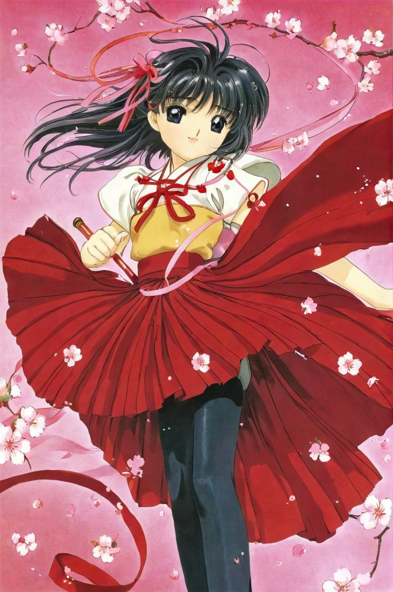 10 year old girl underwear, Sakura Shinguji、Realistic bloomers made from patterned cotton fabric, Japanese clothing and hakama, Fabric Realism, Low - Angle, I see bloomers, Pull up the dress by hand, Strong winds, Translucent slip, Translucent slip, tights, Highest quality, whole body、Black Hair、Holding a sword、Big ribbon in hair