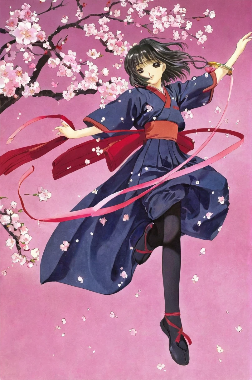 girl underwear, Sakura Shinguji、Realistic bloomers made from patterned cotton fabric, Japanese clothing and hakama, Fabric Realism, Low - Angle, I see bloomers, Pull up the dress by hand, Strong winds, Translucent slip, Translucent slip, tights, Highest quality, whole body、Black Hair、Holding a sword、Big ribbon in hair