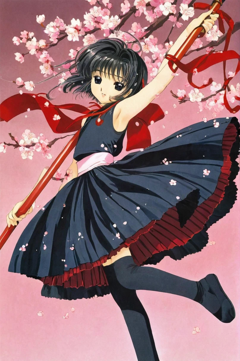 10 year old girl underwear, Sakura Shinguji、Realistic bloomers made from patterned cotton fabric, Japanese clothing and hakama, Fabric Realism, Low - Angle, I see bloomers, Pull up the dress by hand, Strong winds, Translucent slip, Translucent slip, tights, Highest quality, whole body、Black Hair、Holding a sword、Big ribbon in hair