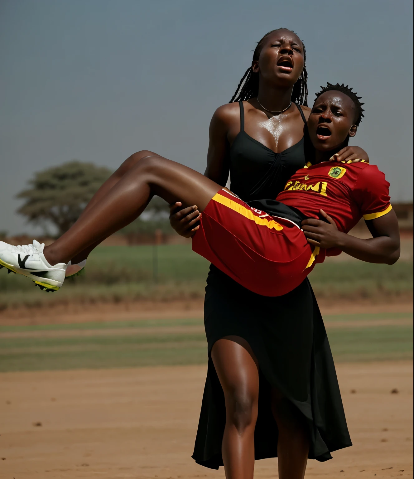 a soccer stadium in Uganda in the background, ugandan woman wearing very shiny plastic dress, Long shiny plastic skirt, Despair, unconscious, exhausted, powerlessness, man hangs limp and powerless with his head in the arms of the woman, screams of pain, shouting out in pain, shouting for aid, Dramatic rescue pose, pity, a hurt and male african football player hangs limp and powerless with his head hanging down in the arms of thewoman, a woman in a long leather-skirt has a horrofied facial expression when she carries a male african football player who is hanging limp and powerless with his head hanging down in her arms, an injured male african football player in matte cotton sportswear is carried with an extremely agonised facial expression, faces in pain and horror, screaming with pain, Frightened facial expression, pityful facial expression, pity, pain, accident, aid, football, an ugandan woman who is wearing a very shiny and wetlook plasticdress, a man's fair and light skin