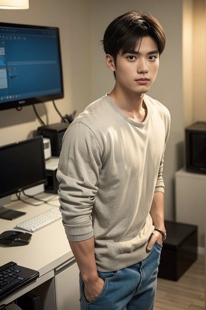 A young Asian man stands, handsome, muscular, looking at the camera. In a plain brown t-shirt, In the computer room