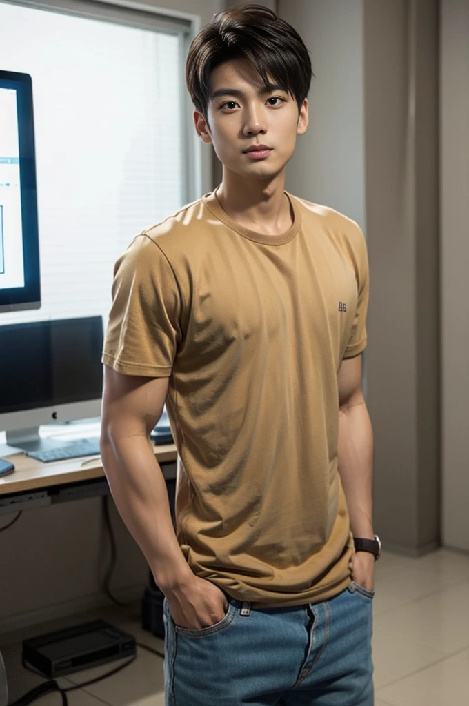 A young Asian man stands, handsome, muscular, looking at the camera. In a plain brown t-shirt, In the computer room