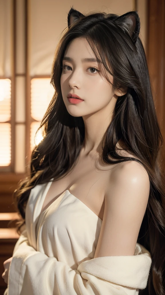 best quality， masterpiece， Ultra-high resolution， （Realistically：1.5）， RAW photos， charming， In the dark night， Depth Shadows， Low pitch， Cold Light， Sexy look,Shoulder-length straight hair,Slim,Cat ears,