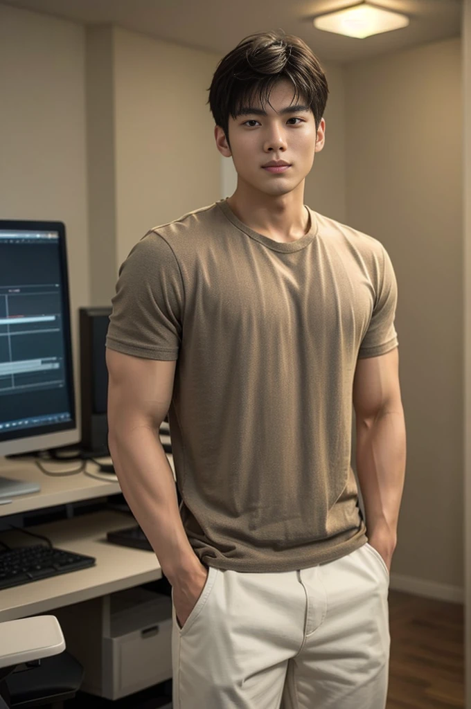 A handsome, muscular young Asian man looks at the camera. In a simple gray polo shirt , By the restaurant, mouth open and smiling