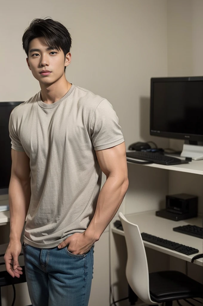 A young Asian man stands, handsome, muscular, looking at the camera. In a plain brown t-shirt, In the computer room