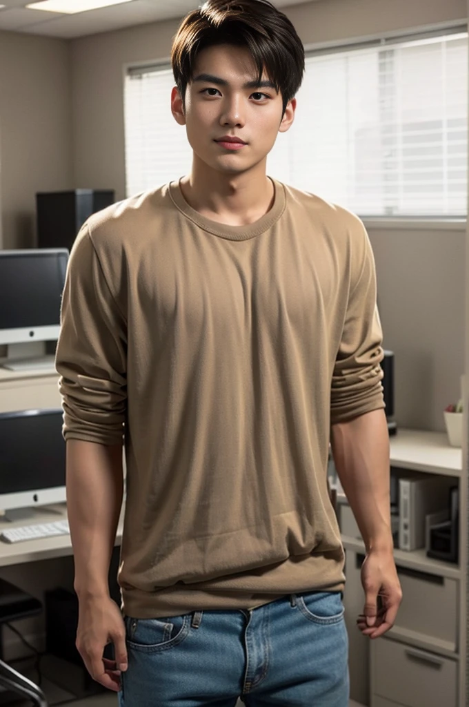 A young Asian man stands, handsome, muscular, looking at the camera. In a plain brown t-shirt, In the computer room