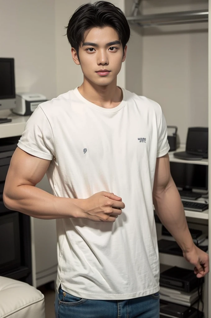 A young Asian man stands, handsome, muscular, looking at the camera. In a simple navy blue T-shirt., In the computer room