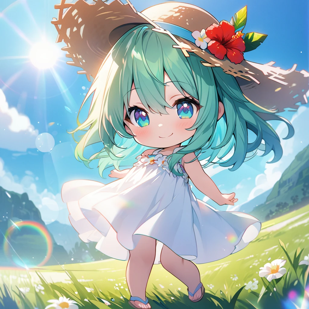 masterpiece, best quality, 4k、2D illustration, one beautiful girl, solo、(((chibi style)))、((vivid colors))、cute chibi, lovely chibi、((colorful))、((long beautiful hair)), glossy light green hair, hair between eyes, cute, beautifully detailed eyes、((white summer dress))、((straw hat))、hibiscus hair ornament, flip-flops, ((happy smile))、((full body shot))、((summer grasslands))、((gentle breeze))、((blue sky))、sunbeam, white light, ((lens flare)), ((high color saturation)),