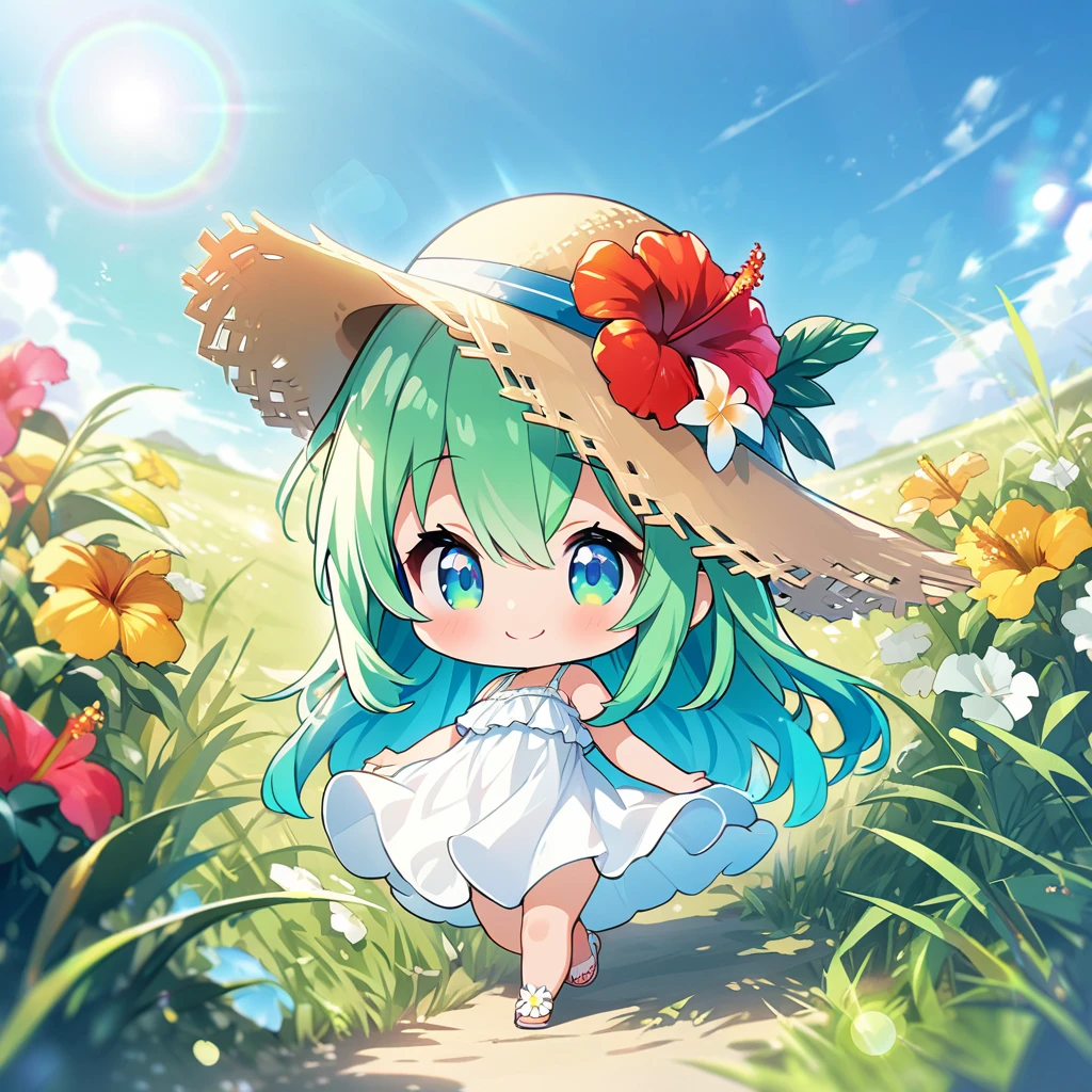 masterpiece, best quality, 4k、2D illustration, one beautiful girl, solo、(((chibi style)))、((vivid colors))、cute chibi, lovely chibi、((colorful))、((long beautiful hair)), glossy light green hair, hair between eyes, cute, beautifully detailed eyes、((white summer dress))、((straw hat))、hibiscus hair ornament, flip-flops, ((happy smile))、((full body shot))、((summer grasslands))、((gentle breeze))、((blue sky))、sunbeam, white light, ((lens flare)), ((high color saturation)),