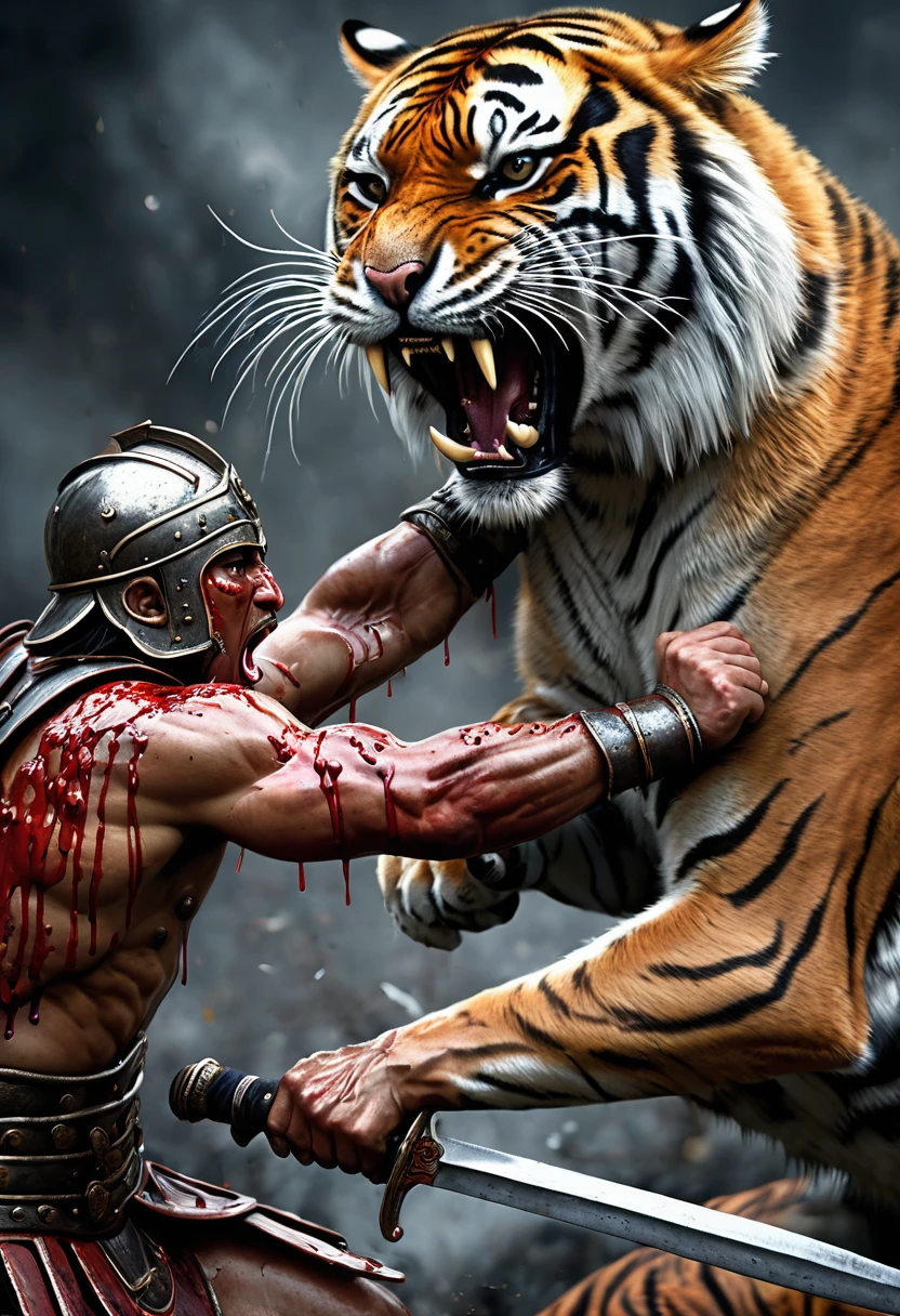 muscular praetorian warriors bleeding and fighting against large tigers photorealistic