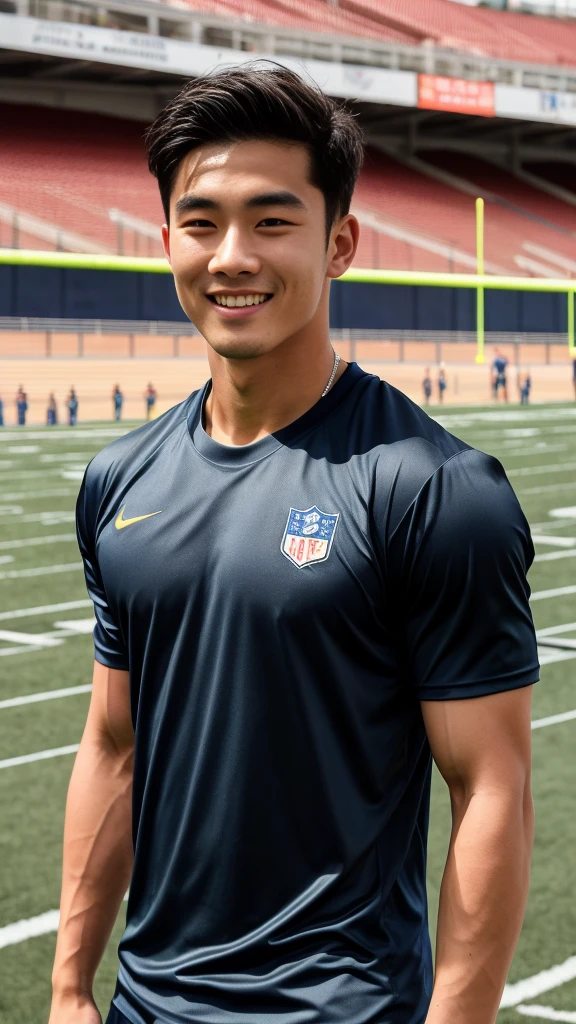 single: 1.5, (ที่TRUEแล้ว, Masterpiece, 8k HD, good light quality, sportswear, to fit the face, complicated details), A handsome Korean man with muscular arms.. , 20 years old, be happy, smile brightly, detailed face, delicate eyes, look at the sky, Wear a tight blue t-shirt.:1.6 ., black eyes, Black hair color, ผมsmooth, smooth,SurTRUE,Excellent details,Highest quality,TRUE,Open your mouth to talk.. , Close your eyes.., (standing in the football field:1.5)