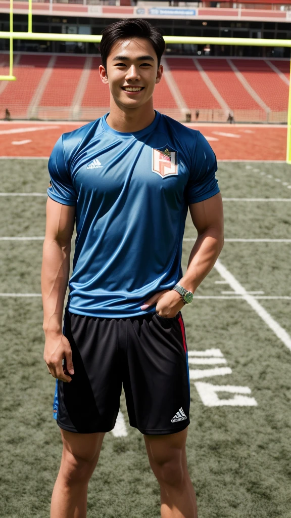 single: 1.5, (ที่TRUEแล้ว, Masterpiece, 8k HD, good light quality, sportswear, to fit the face, complicated details), A handsome Korean man with muscular arms.. , 20 years old, be happy, smile brightly, detailed face, delicate eyes, look at the sky, Wear a tight blue t-shirt.:1.6 ., black eyes, Black hair color, ผมsmooth, smooth，SurTRUE，Excellent details，Highest quality，TRUE，Open your mouth to talk.. , Close your eyes.., (standing in the football field:1.5)