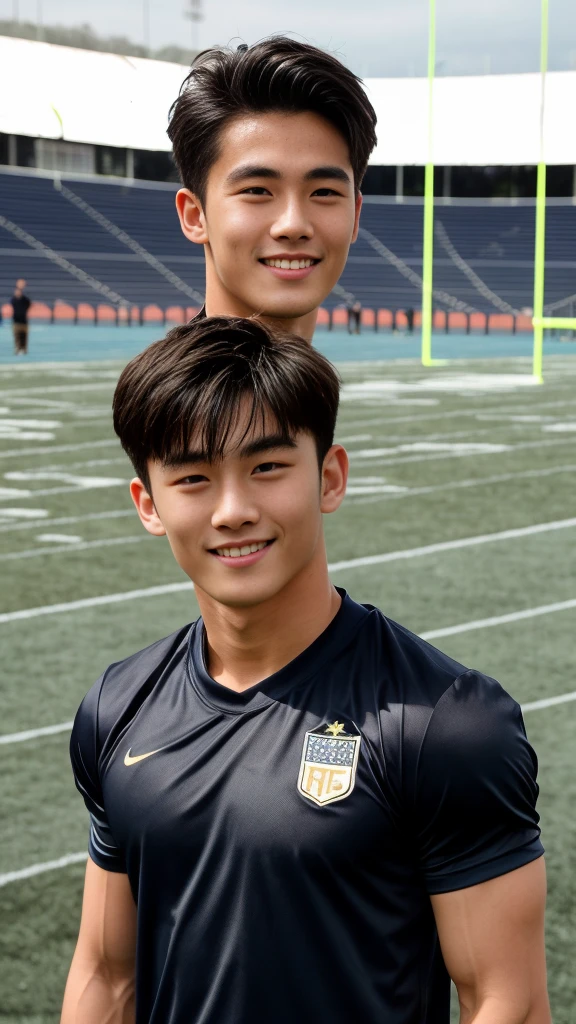 single: 1.5, (ที่TRUEแล้ว, Masterpiece, 8k HD, good light quality, sportswear, to fit the face, complicated details), A handsome Korean man with muscular arms.. , 20 years old, be happy, smile brightly, detailed face, delicate eyes, look at the sky, Wear a tight blue t-shirt.:1.6 ., black eyes, Black hair color, ผมsmooth, smooth,SurTRUE,Excellent details,Highest quality,TRUE,Open your mouth to talk.. , Close your eyes.., (standing in the football field:1.5)