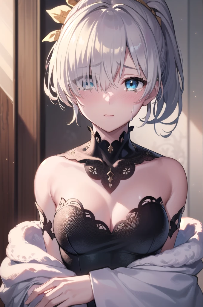 (((ponytail)))),((),fgo anastasia,(((()))), ((Both arms are tied behind their backs))blue eyes, Grey Hair, Hair between the eyes, (Hair on one eye:1.5), Long Hair, bangs,Exposed shoulders,Beautiful eyes like jewels,((((((Portrait of a single person)))))),((Are crying)),((Blushing)),
break , brown hair band, dress, , hair band,,, tachi-e,, 
break (masterpiece:1.2), Highest quality, High resolution, unity 8k wallpaper, (figure:0.8), (Beautiful attention to detail:1.6), Highly detailed face, Perfect lighting, Highly detailed CG, (Perfect hands, Perfect Anatomy),