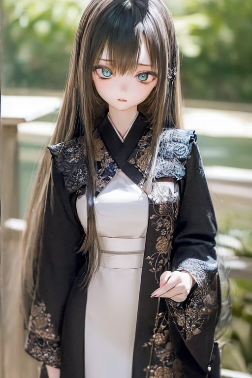 (SFW:2), photorealistic, realistic photo, ((highest quality)), ((masterpiece)), ((extremely detailed)), kukolnydom, doll, (mature woman, 20yo, 20 years old:1.6), solo, ((cowboy shot, standing, skinny, slender, slim, kimono, obi, hair ornament)), green eyes, parted lips, (black hair, long hair, looking at another, blank eyes, empty eyes, detailed eyes, detailed clothes:1.3), Japanese garden, 8k