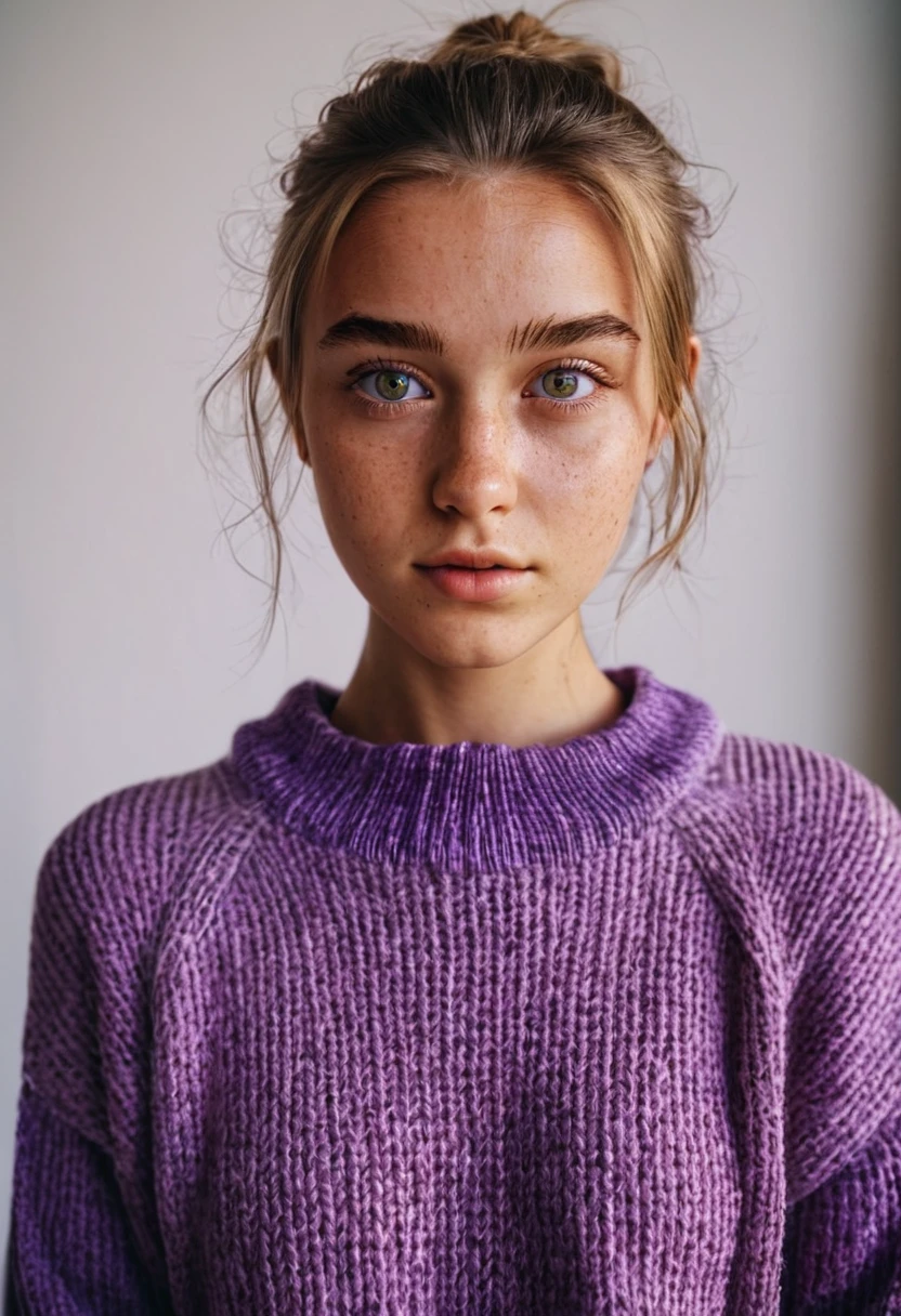 studio photography, High resolution, RAW-Analogfoto, Portrait photo of a young woman, l1vvydunne with detailed eyes and (freckles:0.4), wearing a purple sweater, Interior design, natural lighting, film grain, nikon z9