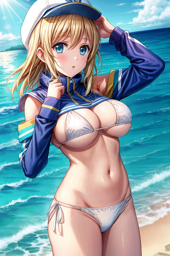 score_9, score_8_up, score_7_up, source_anime BREAK 1girl, solo, looking at viewer, cowboy shot, detailed background, Heroine X, stomach, navel, white bikini, white panties, side-tie bikini bottom, blue shrug \(clothing\), long sleeves, wristband, baseball cap, huge breasts, underboob, sideboob, beach, ocean, sunlight, waterdrop, heart hands,