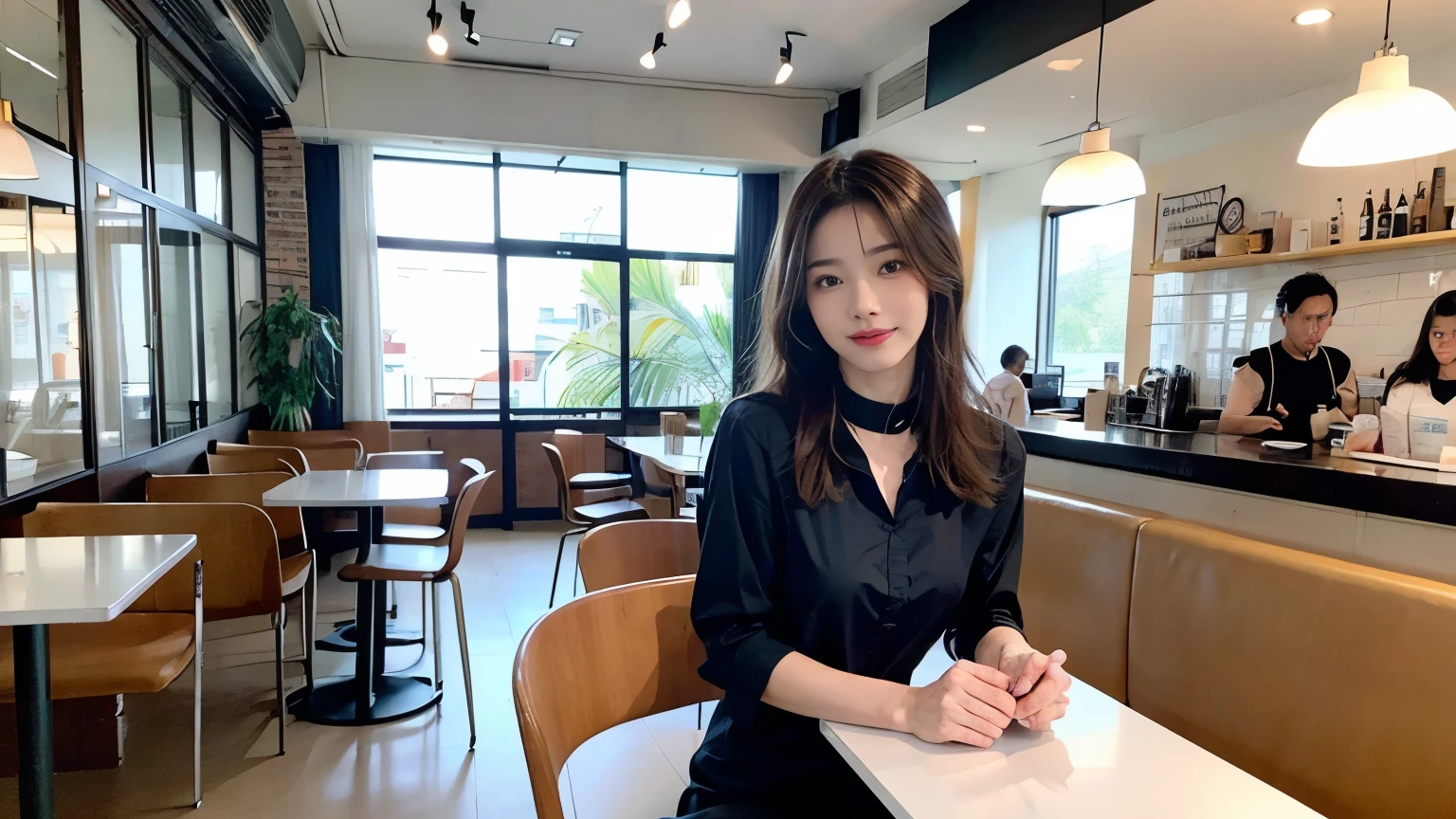 super high quality, Slenderのネックレス, Slender, Gravure photoshoot, The staff is working at the counter in the back., (8k、RAW Photos、Highest quality、masterpiece:1.2), Stylish café, (Realistic、Photorealistic:1.37), Beautiful Face , Urban Cafe, Golden Ratio, Raw photo, Light Brown Hair, Small breasts, Bright cafe interior, Blurred Background, Famous actress, Summer clothes, Photographed inside the cafe, Hair blowing in the wind, Neat clothes, Cool older sister, Stylish clothes,