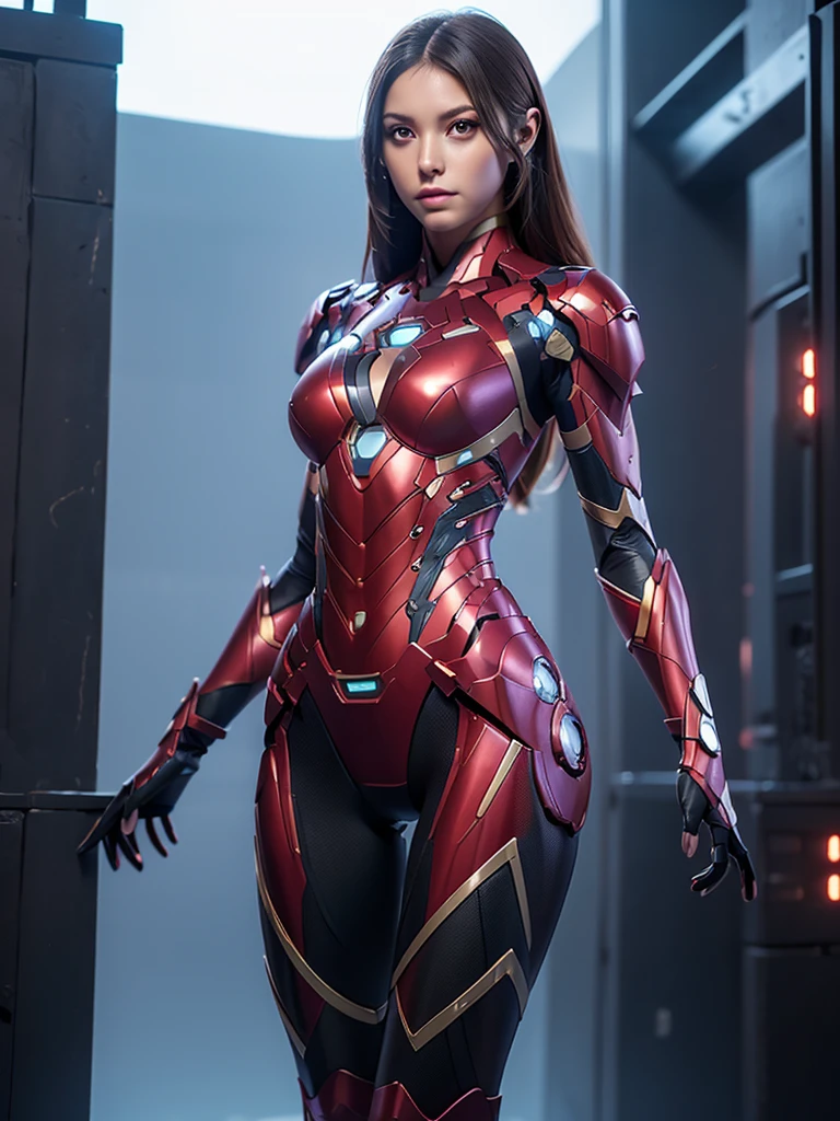 ((masterpiece, 8K, 3D, Realistic, Super Detail)), (1girl:1.3), slender , Ultra Micro photography, Melissa Benoist Super realistic, Perfect face, 16K resolution, 4k resolution, The photo was taken from the Front, facing to the photographer, Foreground photo, dynamic lighting, posing on a pedestal, high-definition resolution, Beautiful features, ((Perfect female Model Slim body)) Beautiful features, Standing pose, ((small hip)), (((2 piece Hotpants-Bikini))), Sci-fi futuristic, ((Iron man armor)) ((bionic Fragmented Super Girl chest armor suit)), ((Exposed slim thighs)), wear mesh metal-stockings, ((slim thighs)), ((bionic Slim thighs Spider man armor)), Front Full body Shot, full body portrait, perfect legs, Iron Man shoes, futuristic city background