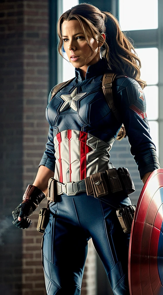"Kate Beckinsale is Captain America, wearing a Captain America costume with sexy physique, young face, intricate Captain America costume, long pony tailed hair, showcasing her strength and determination while doing a Captain America pose. Ultra high definition and resolution, capture every detail of her intense expression and powerful stance. Photorealism brings her presence to life."