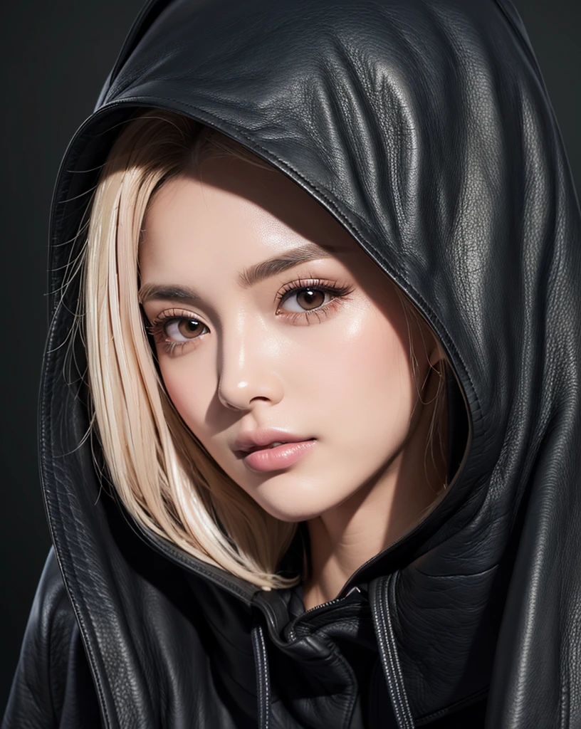 (Highest quality, 32K, High resolution, Masterpiece:1.5, ), marimo_jet, Beautiful Japanese Girls, An exceptionally beautiful face, Small Face Beauty, Perfect Human Anatomy, Magical big eyes, Motherhood and generosity, Deep Love, Fleeting Expression, Shiny black hair, Asymmetrical bangs, Hair between the eyes, Transparent, soft white skin, Sharp eyebrows, Thin lashes, Natural Makeup, Cheek highlighter, Pale pink detailed lips, (black hooded leather coat:1.4), ((Dark Room:1.2)), ((Black wall background:1.3)), Professional photographer, Professional Lighting, Professional models, mysterious