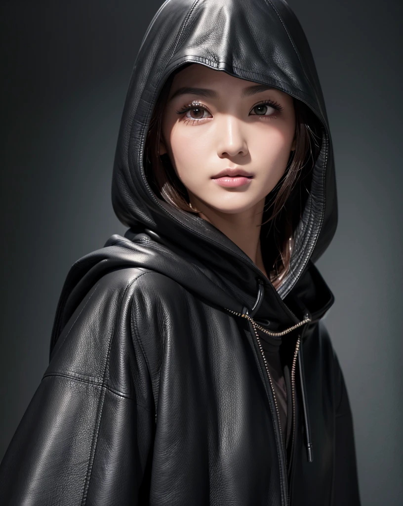(Highest quality, 32K, High resolution, Masterpiece:1.5, ), marimo_jet, Beautiful Japanese Girls, An exceptionally beautiful face, Small Face Beauty, Perfect Human Anatomy, Magical big eyes, Motherhood and generosity, Deep Love, Fleeting Expression, Shiny black hair, Asymmetrical bangs, Hair between the eyes, Transparent, soft white skin, Sharp eyebrows, Thin lashes, Natural Makeup, Cheek highlighter, Pale pink detailed lips, (black hooded leather coat:1.4), ((Dark Room:1.2)), ((Black wall background:1.3)), Professional photographer, Professional Lighting, Professional models, mysterious