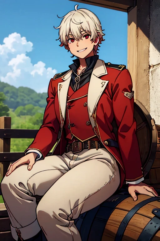 A young white haired man with red eyes in a Gothic sheriff's uniform is sitting on a barrel in a wild west town with a big smile