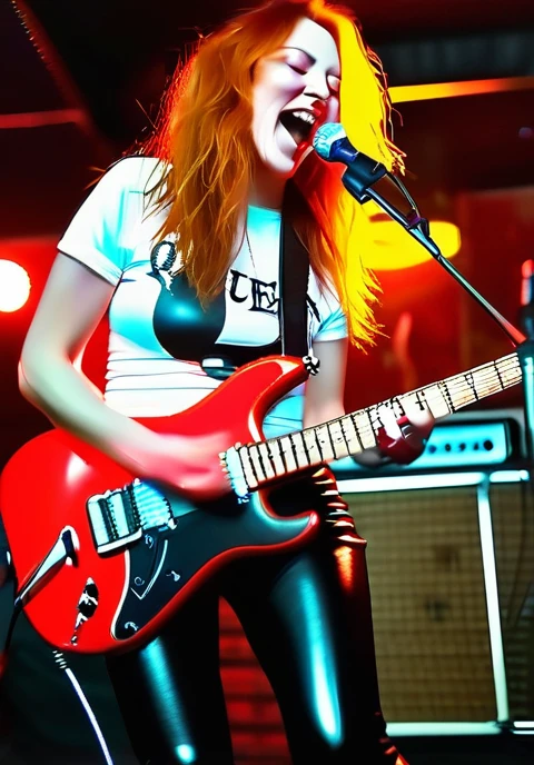 Pale skinned slender mature white woman very flat chested long wavy bright red hair wearing black leather pants and plain white tee-shirt with queen of spades logo on it, playing electric guitar and screaming in a microphone on stage in a dive bar, black men in band in background 
