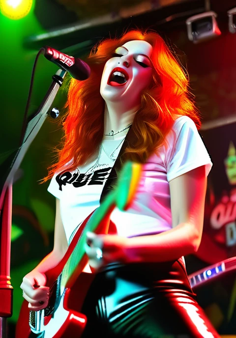 Pale skinned slender mature white woman very flat chested long wavy bright red hair wearing black leather pants and plain white tee-shirt with queen of spades logo on it, playing electric guitar and screaming in a microphone on stage in a dive bar, black men in band in background