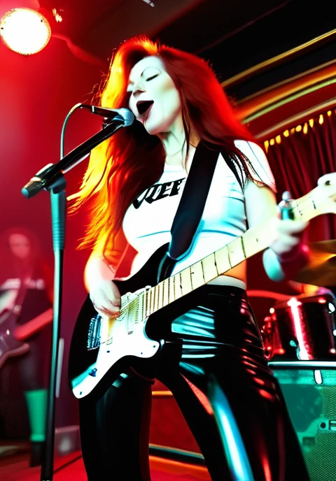 Pale skinned slender mature white woman very flat chested long wavy bright red hair wearing black leather pants and plain white tee-shirt with queen of spades logo on it, playing electric guitar and screaming in a microphone on stage in a dive bar, black men in band in background
