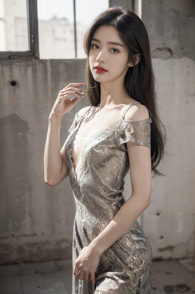 (((best quality))),(((ultra detailed))),(((masterpiece))),illustration,((1 beautiful girl,solo)),((slim,thin)),((small breasts,flat chest)),(shoulder length straight hair:1.2),summer afternoon,((unfinished concrete room,alluring,gray walls)),(short sleeves:1.2),(black lace dress:1.3),(seductive,elegant,full bosom,fair skin,golden strands,delicate features,deep brown eyes,mischief,mystery,enchanting smile,vibrant red lips,serene beauty,self-assuredness,industrial ambiance,raw cement walls,exposed pipes,sexuality,allure,refined beauty,compelling visual narrative,seductive gaze,elegant posture,industrial backdrop,lasting impression,((standing,from front,close-up of face))