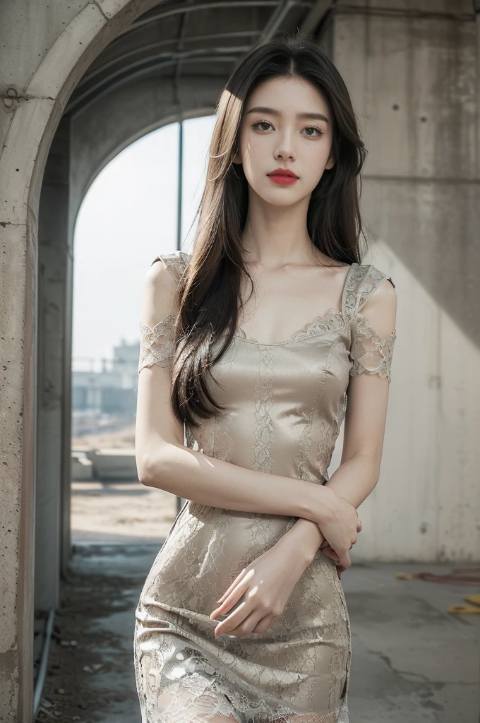 (((best quality))),(((ultra detailed))),(((masterpiece))),illustration,((1 beautiful girl,solo)),((slim,thin)),((small breasts,flat chest)),(shoulder length straight hair:1.2),summer afternoon,((unfinished concrete room,alluring,gray walls)),(short sleeves:1.2),(black lace dress:1.3),(seductive,elegant,full bosom,fair skin,golden strands,delicate features,deep brown eyes,mischief,mystery,enchanting smile,vibrant red lips,serene beauty,self-assuredness,industrial ambiance,raw cement walls,exposed pipes,sexuality,allure,refined beauty,compelling visual narrative,seductive gaze,elegant posture,industrial backdrop,lasting impression,((standing,from front,close-up of face))