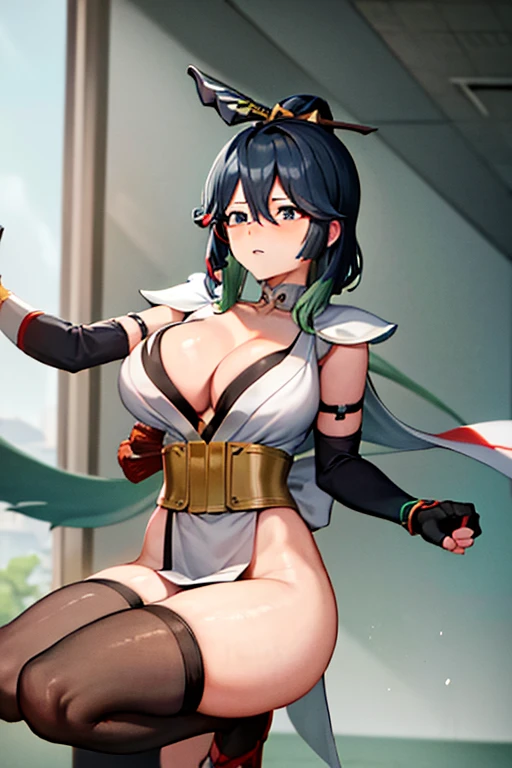 masterpiece, high resolution, best quality, rendered art, beautiful art, well formed fingers and hands, 1 woman, Xianyun, glasses, hair ornament ,adult, grown up, 31 years old, large and round breasted, cleavage, full body, wearing a Iroha Samurai Spirits cosplay, Iroha_Samurai_Spirits_cosplay, maid hat, choker, fingerless gloves, black tights, sexy and skimpy kimono, pelvic curtain, white maid uniform, ryona , in peril, she is being beaten up by her opponent, she is knocked down and she is slapped in the face , she is pushed against the wall,  being humiliated by her opponent, receiving the impact of her opponent's attacks, closed eyes, screaming in pain and agony, heroine in peril, ryona and perilous scene, bouncing breasts, weak and helpless, martial arts tournament on the beach      