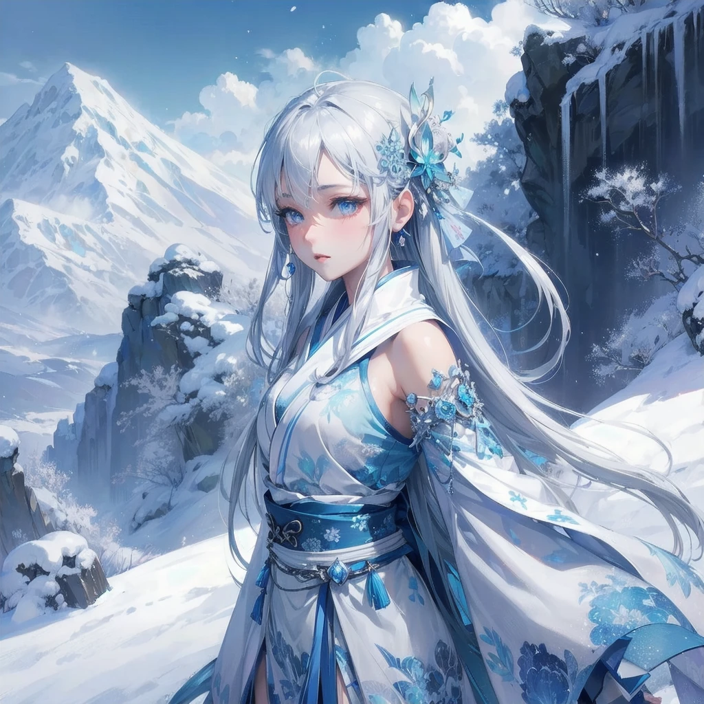 masterpiece, (textured skin), best quality, gorgeous beautiful, (a beautiful girl,yukionna,japanese snow fairy),detailed clothes,large breasts,narrow waist,, (beautiful face), cinematic lighting, (fantasy anime art ),