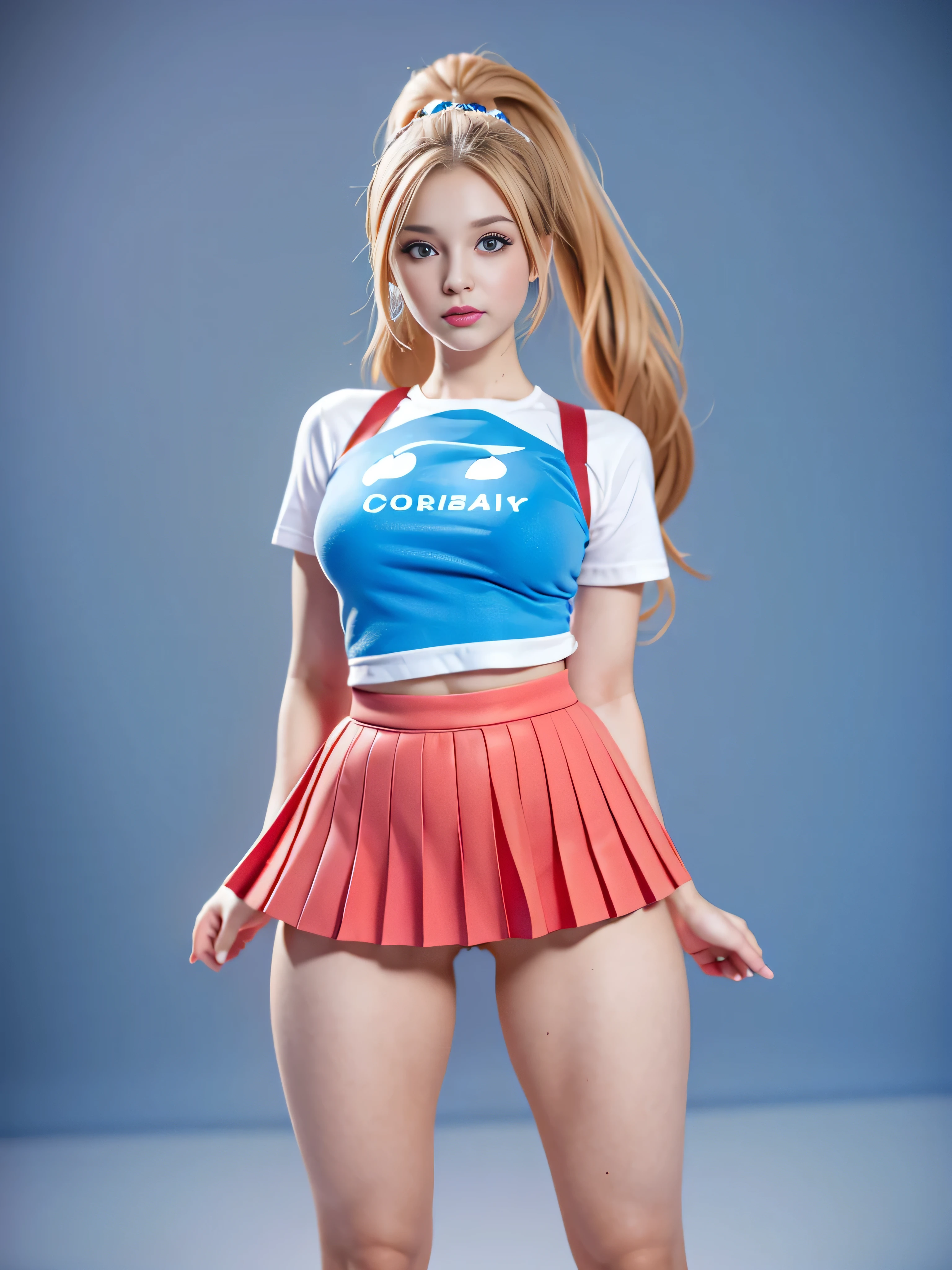 4k, realistic, charismatic, very detailed, there is a girl in the sky, She is Princess Peach, she is a very young, Super Mario bros theme, large hair, ponytail, 20 years, full body, (detail in the eyes), (detail in the face), incredibly beautiful, blue eyes, blush, makeup, red lipstick, miniskirt, (wide hips), (thick thighs), small breasts, dress, Beauty girl, seductive pose, (extreme hourglass figure), thin, svelte, white skirt, boots, tight t-shirt, ((pleated mini skirt))