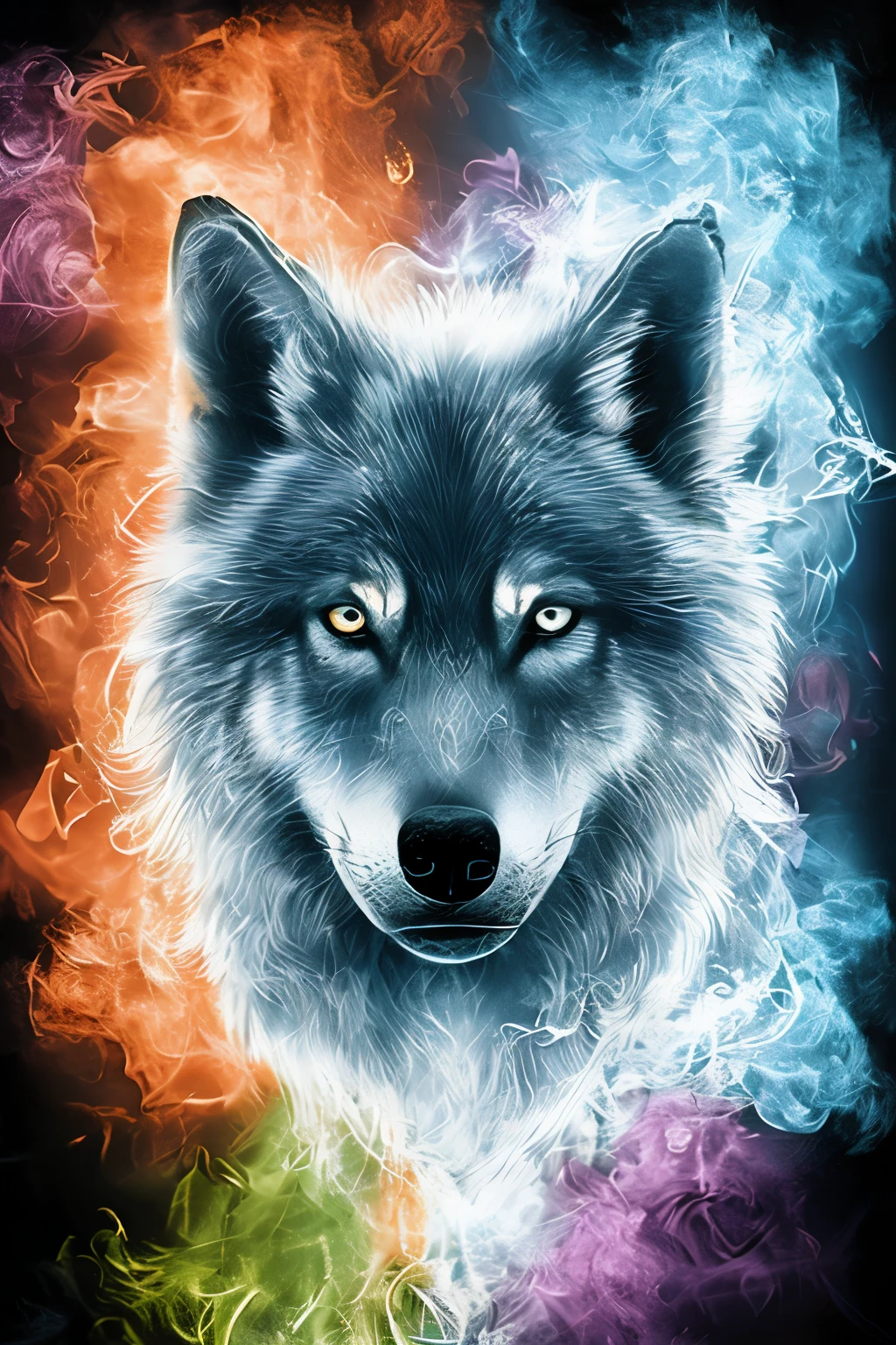 bioluminescent wolf made of orange|crimson|purple smoke dark blue|Lilac background