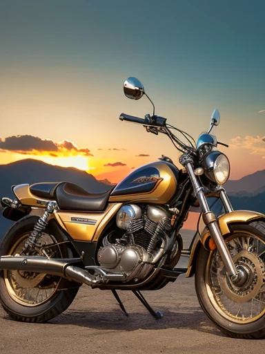 Japanese female, a lot of details, (underweight), 30 years old,masterpiece, best quality, cinematic photo of classic, honda motorcycle, vintage car, glossy surface, wild west background, sunset, high resolution, photograph, film, highres