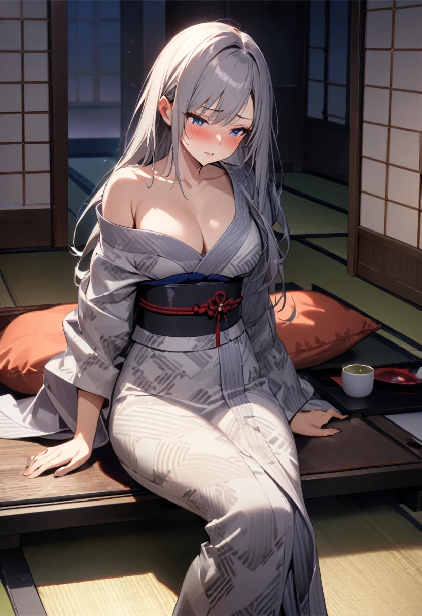 1girl, samurai (final fantasy), final fantasy character, 
sitting relaxed, indoor tatami room scene,
wearing casual yukata or loose kimono,off shoulder,
long hair spread out,seductive,blush,embarrassed,
Japanese sword placed nearby but not held,
traditional Japanese room elements (shoji screens, low table, zabuton cushion),
soft warm lighting, peaceful nighttime atmosphere,
detailed fabric textures, intricate yukata pattern,
subtle references to final fantasy aesthetic,
masterpiece, best quality, absurdres,cowboy shot