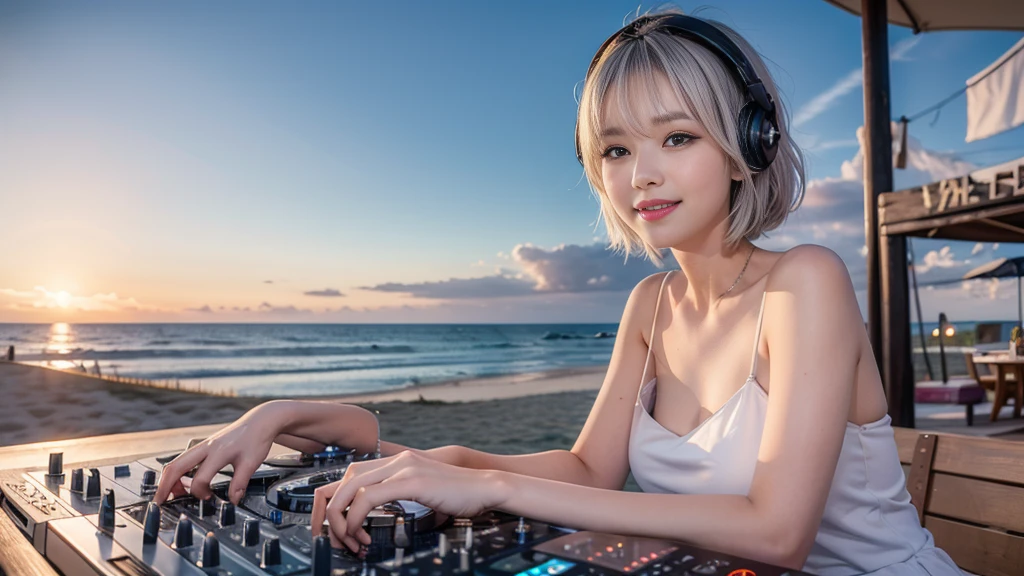 (ultra - detailed, 16K resolution, Cinema lenses, rendering by octane), (high resolution:1.18), intricate detail, (masterpiece:1.1), (highest quality:1.1), (1girl, portrait, white hair, blue eyes, short hair, detailed eyes),Wearing silver DJ headphones, sequined T-shirt, (in the beach:1.5), (Iconic hip-hop pop costumes:1.3), Smile while DJing on stage, DJ studio next to the beach, ((A stylish DJ stage on a hill overlooking the beach)), full body shot, Photorealistic photography by Sunshine, (cute round face:1.3), perfect fingers, five fingers, beautiful hands, perfect hands. master peace, cute smile, Fixhand.