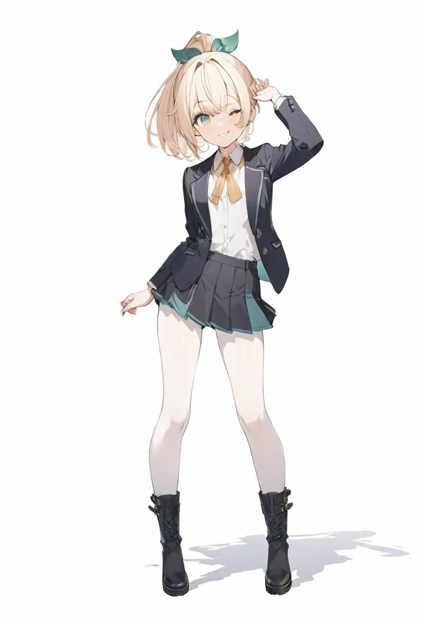 (muste piece), (best quality), (score_9, score_8_up, score_7_up), very detailed eyes, expressive eyes, perfect face, very detailed face, highly detailed face, beautiful girl, 8K, beautiful girl, white background, delicate and beautiful face and eyes, dark intense shadow, 
1 girl, vtuber style, cool girl, hololive, Kazama Iroha, blond hair, green eyes, ponytail, Formal Blazer, Short skirt, small chest, one eye close winking, smile, ass visible through thighs, (full body), white pantyhose, standing, boots, 