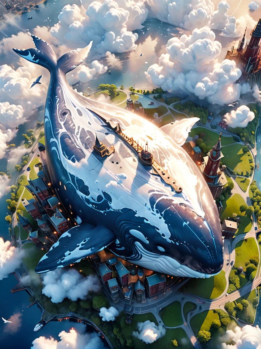 (((A colossal whale made of marshmallow-like white clouds))), (((whale's body entirely covered in fluffy white clouds))), (((soaring through the sky))), dreamy world, flying in the sky, iron towers on the ground, (bird's-eye view:1.3), (best quality, 8k, highres, masterpiece:1.2), ultra-detailed, (photo-realistic:1.4), sharp focus, vivid colors, ethereal atmosphere, soft lighting, magical, surreal