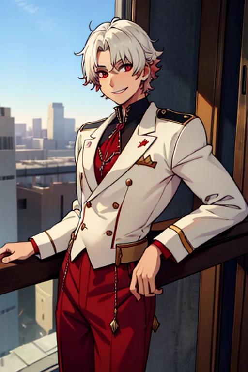 A young white haired man with red eyes in a Gothic sheriff's uniform is leaning on a railing with a big smile