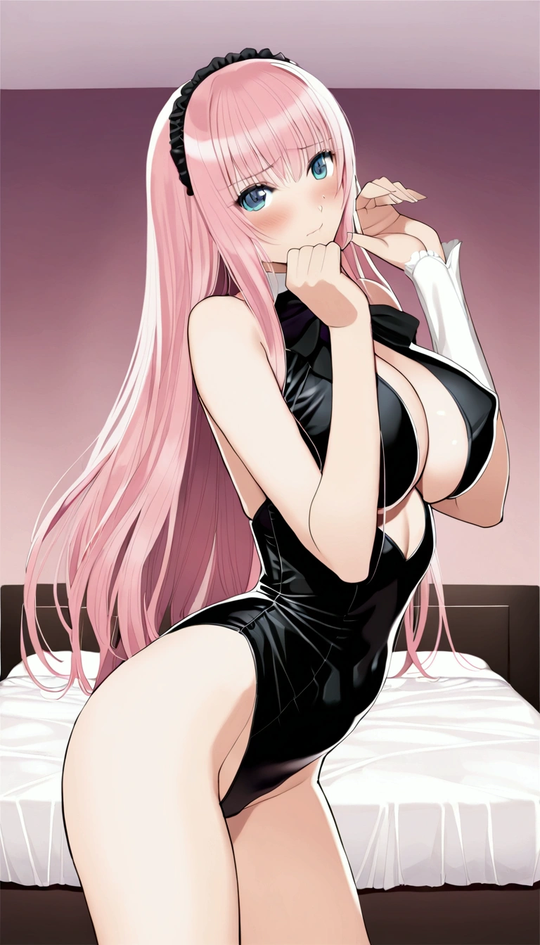 Masterpiece,Beautiful adult woman ,Megurine Luka,Big Breasts,Bunny girl,High leg black outfit,Pink long hair,blue eyes,Embarrassed expression,blush,Sexy々A pose,Bedroom,Complete human body