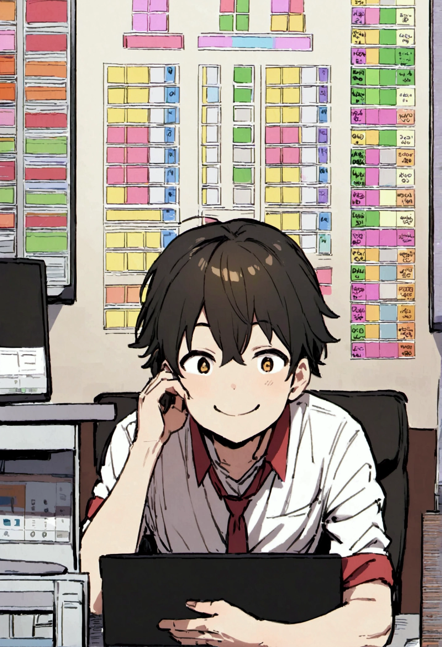 A man trading while looking at an FX chart in front of a computer and smiles because of his superiority