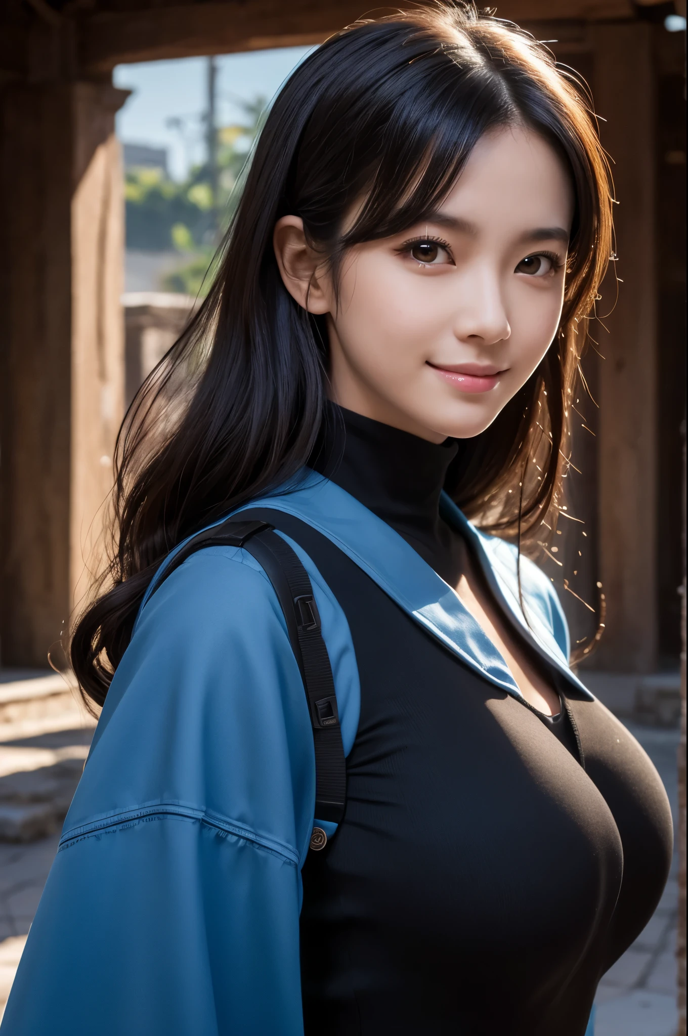 8k,sister,so beautiful(Like the real thing),My sister is cool and short with very big breasts.,Toned, muscular body,sexy,clear narrow eyes,black eye,Cool smile,Black long perm,Blue combat jacket,Black Shirt,Black combat pants,short,Cool smile,Compensate,Ultra-Realistic Skin,compensate,masterpiece,Photorealistic RAW photos of the highest quality。Bright colors,Rich colors, Backlight, Cinema Lighting, Film Grain, to be born, 50mm lens, Nikon D850,Detailed character art,Fantasy art,Ultra-high resolution,Ultra-Realistic Skin,Perfect hand shape,In front of the abandoned temple,Beautiful expression,close,