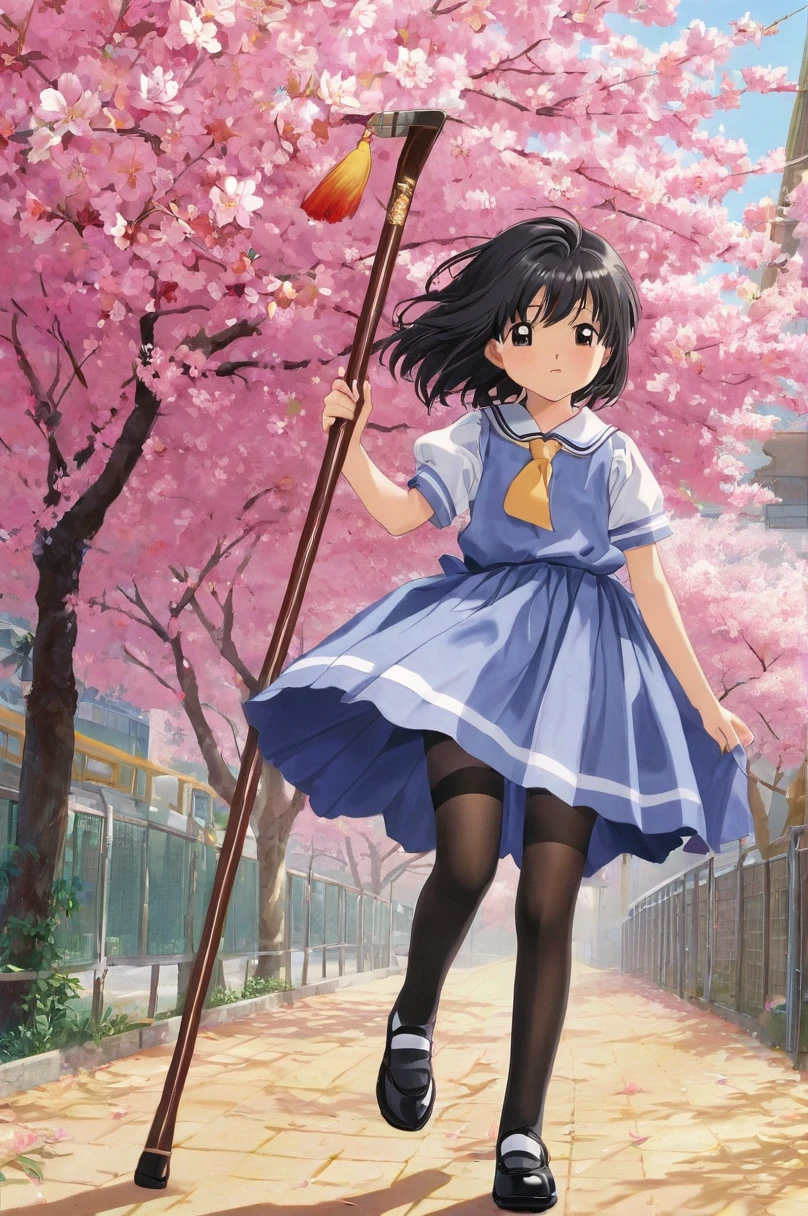 10 year old girl underwear, Sakura Shinguji、Realistic bloomers made from patterned cotton fabric, Primary school uniforms, Fabric Realism, Low - Angle, I see bloomers, Pull up the dress by hand, Strong winds, Translucent slip, Translucent slip, tights, Highest quality, whole body、Black Hair、Carrying a walking stick、