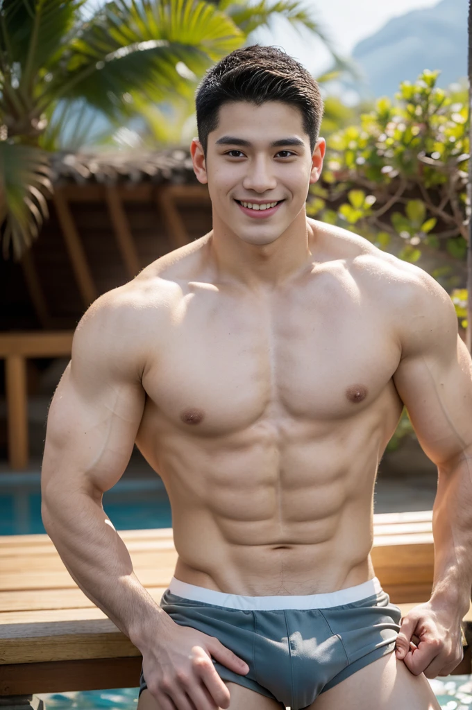 young man 20 years old , (ทรงผมแบบ Crew Cut: 1.3 ), black hair, short hair details, burly handsome man , shirtless ,White swimming trunks with large bulges, strong, handsome, outdoor, Take a steam shower., hot spring, Onsen, sweat, look at the audience., depth of field, Bokeh, Detailed background, Detailed light, diffuse natural sunlight, Skin glows naturally., symmetrical eyes, Big smile