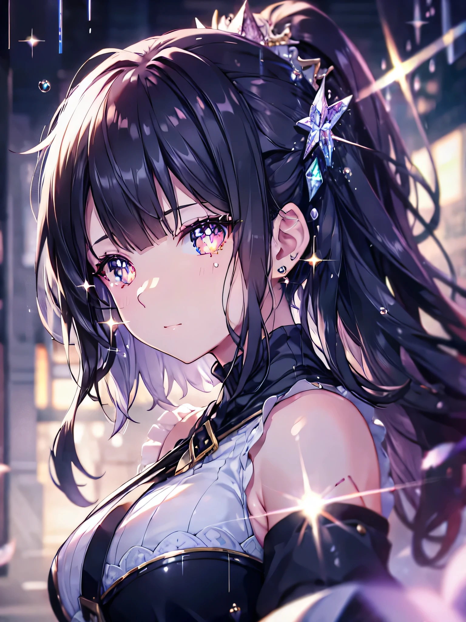 ((ultra detailed, exquisite quality, absolutely resolution)), (anime moe art style:1.3), (((solo girl))), (((black Diamond dress))), (((dress at brilliancious, glare, glitter, reflections, prisms, transparency:2)), (huge breasts:1.5), (hair, ponytail, fluffy long Expressive), head tilt, happy smile, looking at viewer, (finger to mouth), (((face close-up, face focus, eyes focus, blurry background, depth of field:2))), (isometric 3D, octane render, ray tracing:1.5), cinematic shadows, backlighting, (particle effect, caustics:1.5), ((super detailed skin)), (hyper detail delicate eyes, hyper beautiful eyes), (bright pupils),  ((pupils)),  lip focus, light lips, (feathers:1.3) , (rainy landscape:1.5)