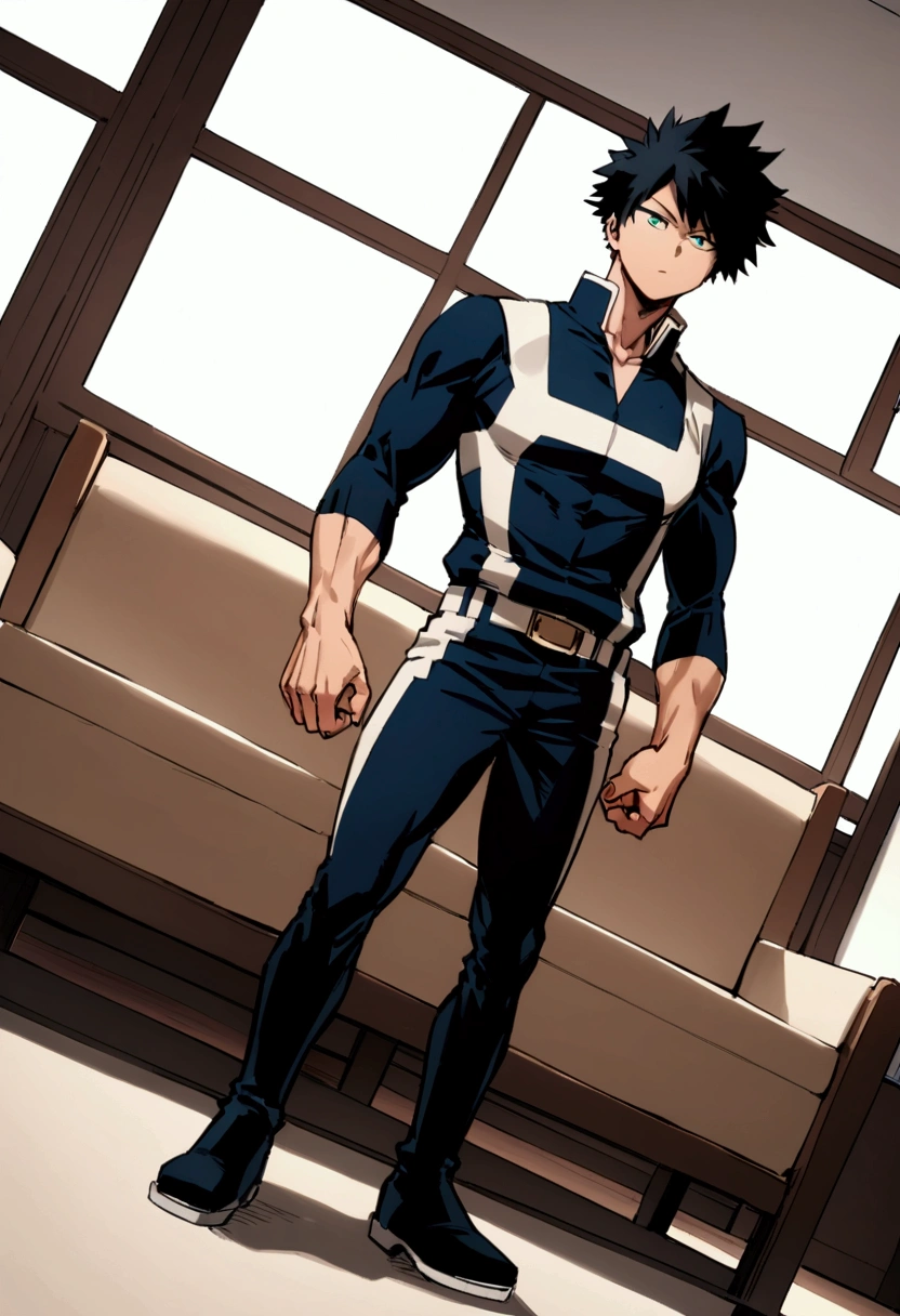 He is a , He has slightly disheveled very black hair..., somewhat light green eyes, (front angle ) , (full body), muscular body , He is dressed in the anime uniform. "my hero academia", sitting on a sofa in a living room